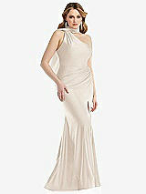 Side View Thumbnail - Oat Scarf Neck One-Shoulder Stretch Satin Mermaid Dress with Slight Train