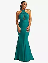 Criss Cross Halter Open-Back Stretch Satin Mermaid Dress in Peacock Teal (Green) Criss Cross Halter Open-Back Stretch Satin Mermaid Dress in Peacock Teal (Green)