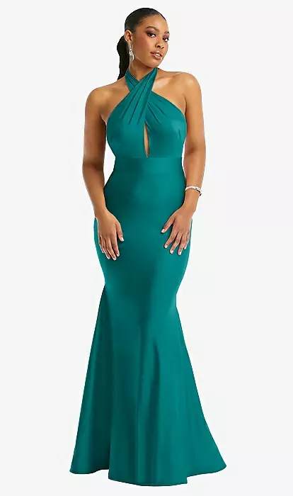 Criss Cross Halter Open-Back Stretch Satin Mermaid Dress in Peacock Teal (Green) Criss Cross Halter Open-Back Stretch Satin Mermaid Dress in Peacock Teal (Green)