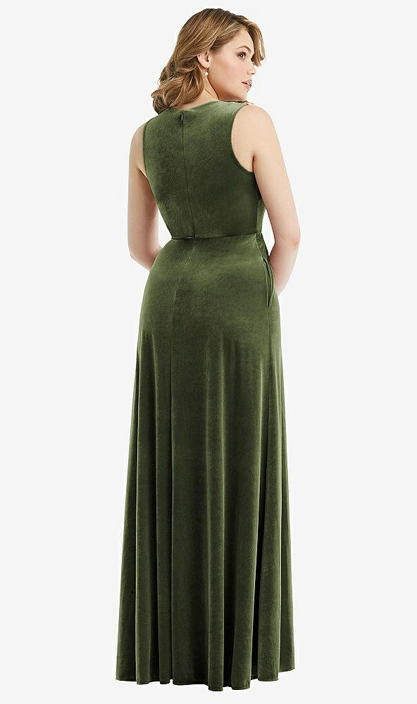 Back View - Olive Green Deep V-Neck Sleeveless Velvet Maxi Dress with Pockets