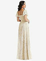 Rear View Thumbnail - Butter Yellow Floral Puff Sleeve Chiffon Maxi Dress with Front Slit