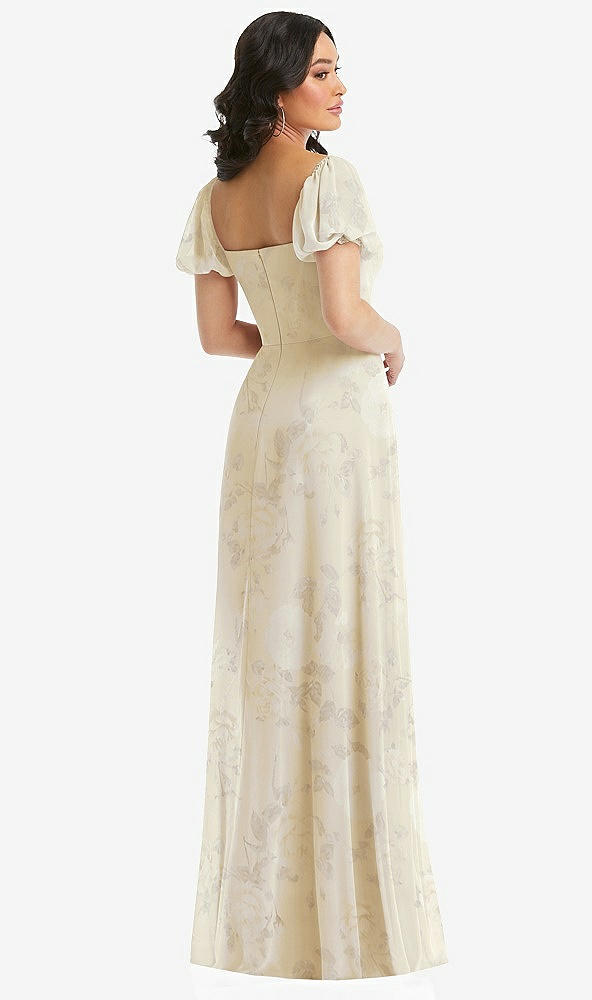 Back View - Butter Yellow Floral Puff Sleeve Chiffon Maxi Dress with Front Slit