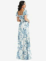 Rear View Thumbnail - Cottage Rose Dusk Blue Puff Sleeve Chiffon Maxi Dress with Front Slit