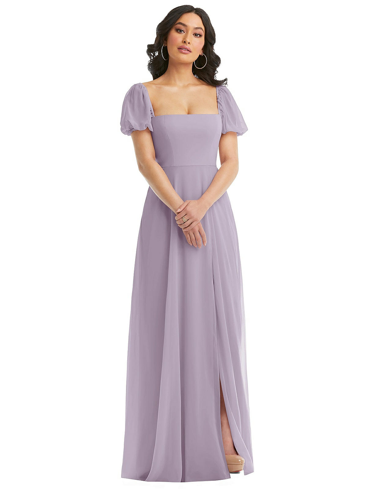 Puff Sleeve Chiffon Maxi Bridesmaid Dress With Front Slit In Lilac