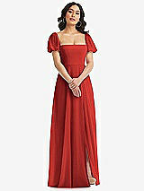 Front View Thumbnail - Poppy Red Puff Sleeve Chiffon Maxi Dress with Front Slit