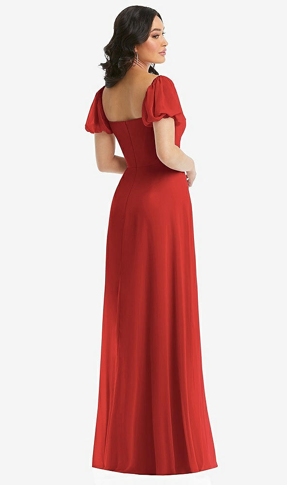 Back View - Poppy Red Puff Sleeve Chiffon Maxi Dress with Front Slit