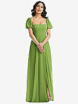 Front View Thumbnail - Peridot Green Puff Sleeve Chiffon Maxi Dress with Front Slit