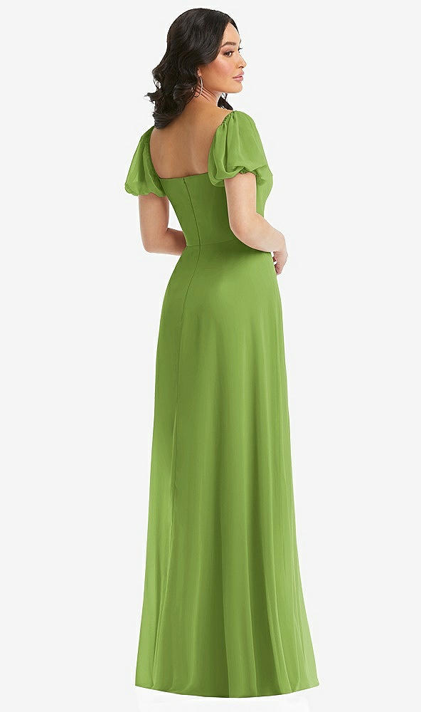 Back View - Peridot Green Puff Sleeve Chiffon Maxi Dress with Front Slit