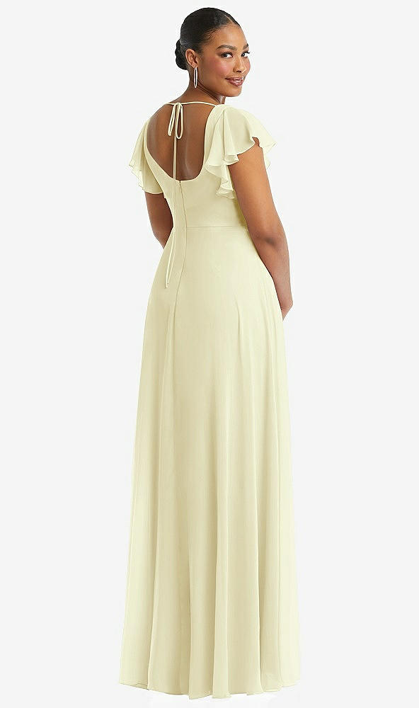 Back View - Butter Yellow Flutter Sleeve Scoop Open-Back Chiffon Maxi Dress