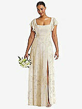 Front View Thumbnail - Butter Yellow Floral Flutter Sleeve Scoop Open-Back Chiffon Maxi Dress
