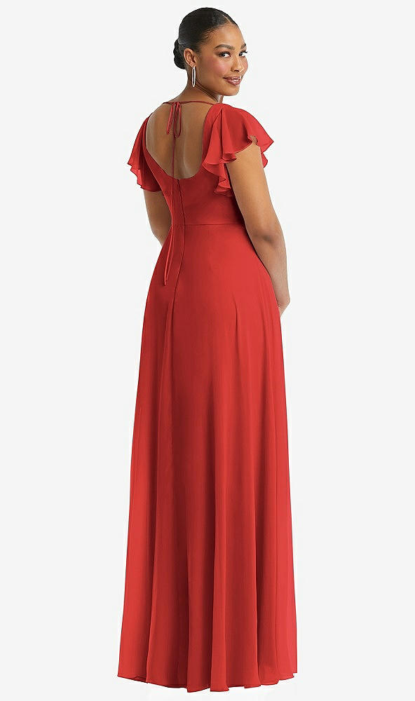 Back View - Poppy Red Flutter Sleeve Scoop Open-Back Chiffon Maxi Dress