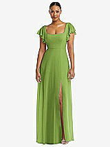Alt View 1 Thumbnail - Peridot Green Flutter Sleeve Scoop Open-Back Chiffon Maxi Dress