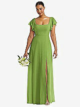 Front View Thumbnail - Peridot Green Flutter Sleeve Scoop Open-Back Chiffon Maxi Dress