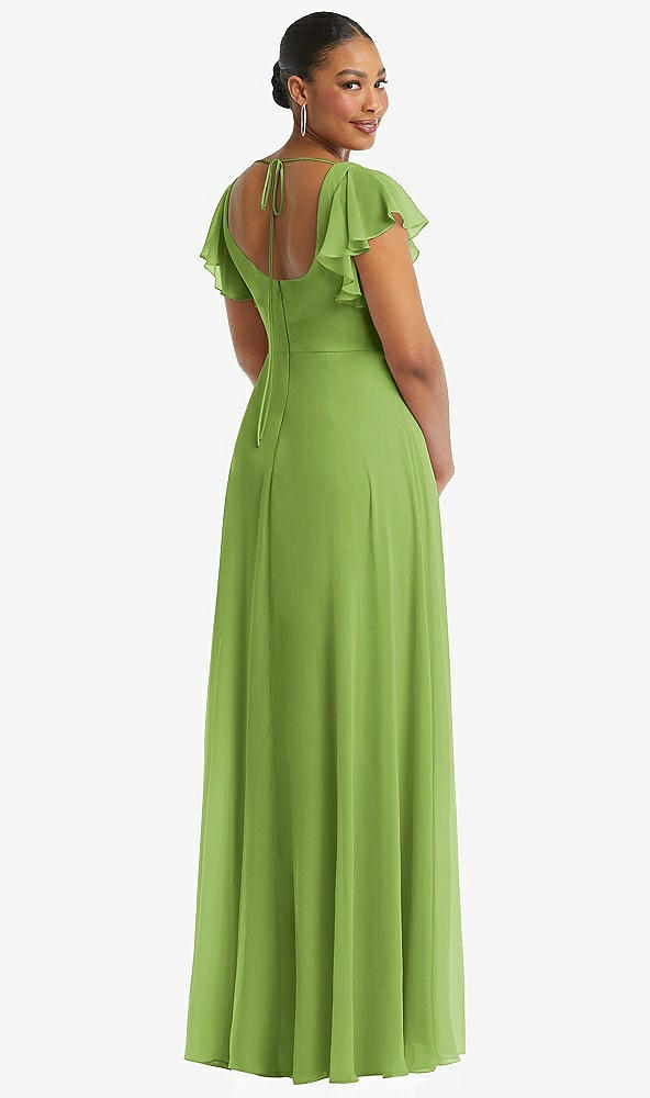 Back View - Peridot Green Flutter Sleeve Scoop Open-Back Chiffon Maxi Dress