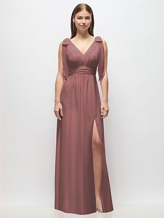 Plunge Neckline Bow Shoulder Empire Waist Chiffon Maxi Dress