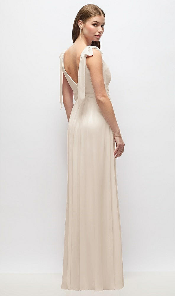 Back View - Oat Plunge Neckline Bow Shoulder Empire Waist Chiffon Maxi Dress