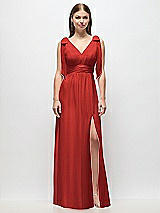 Front View Thumbnail - Poppy Red Plunge Neckline Bow Shoulder Empire Waist Chiffon Maxi Dress