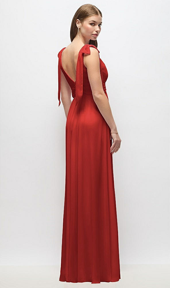 Back View - Poppy Red Plunge Neckline Bow Shoulder Empire Waist Chiffon Maxi Dress