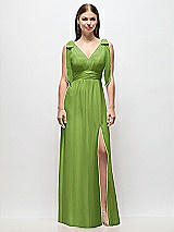Front View Thumbnail - Peridot Green Plunge Neckline Bow Shoulder Empire Waist Chiffon Maxi Dress