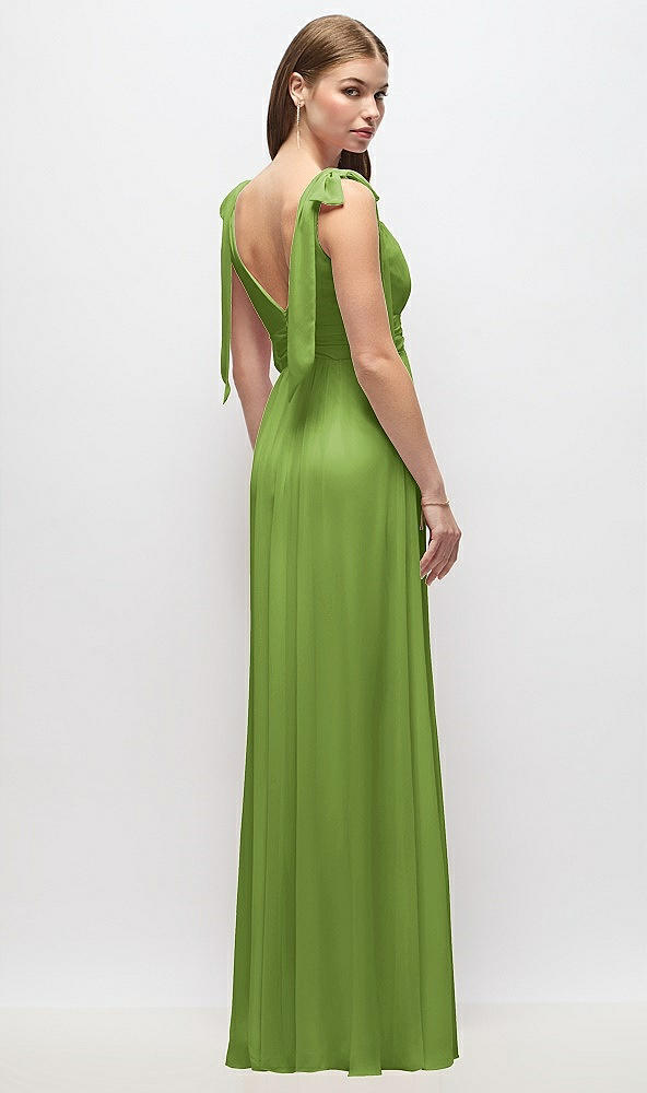 Back View - Peridot Green Plunge Neckline Bow Shoulder Empire Waist Chiffon Maxi Dress