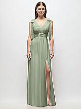 Front View Thumbnail - Sage Plunge Neckline Bow Shoulder Empire Waist Chiffon Maxi Dress