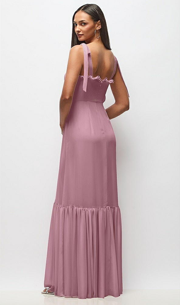 Back View - Dusty Pink Tie-Shoulder Bustier Bodice Ruffle-Hem Maxi Dress