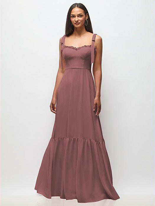 Tie-Shoulder Bustier Bodice Ruffle-Hem Maxi Dress