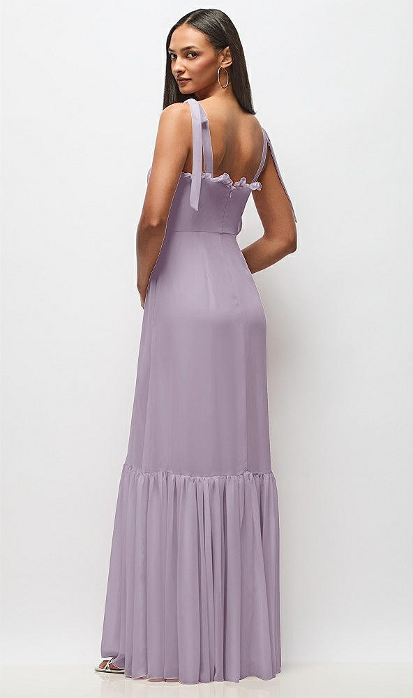 Back View - Lilac Haze Tie-Shoulder Bustier Bodice Ruffle-Hem Maxi Dress