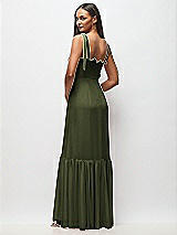 Rear View Thumbnail - Olive Green Tie-Shoulder Bustier Bodice Ruffle-Hem Maxi Dress