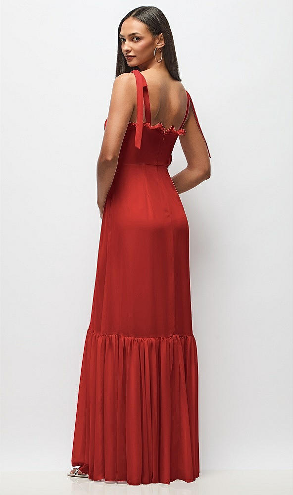 Back View - Poppy Red Tie-Shoulder Bustier Bodice Ruffle-Hem Maxi Dress