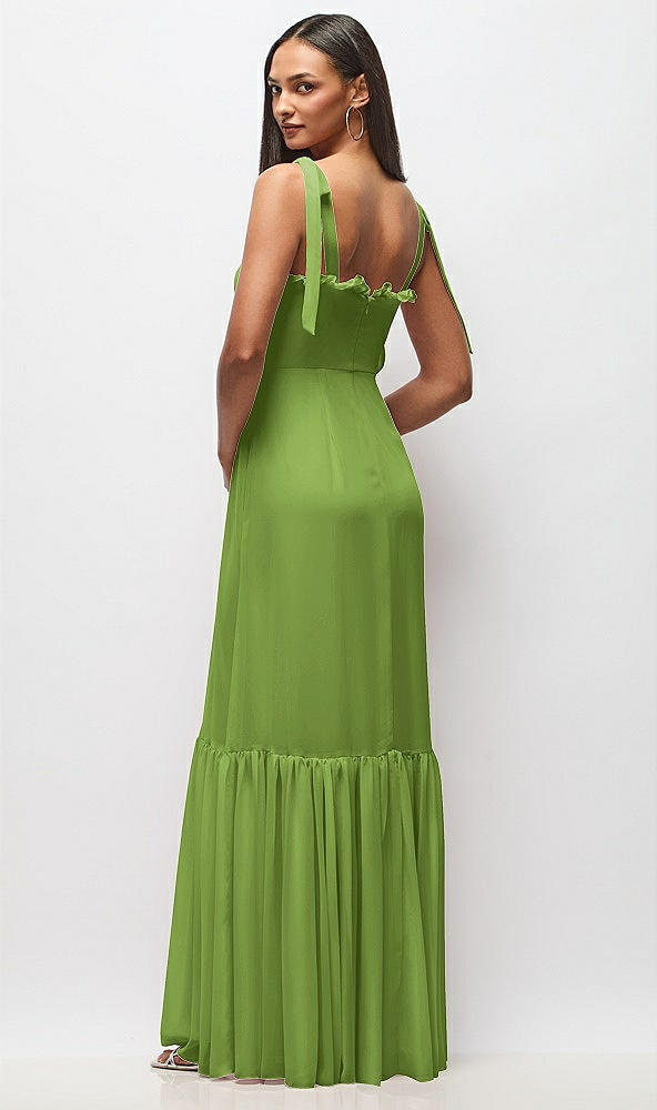 Back View - Peridot Green Tie-Shoulder Bustier Bodice Ruffle-Hem Maxi Dress