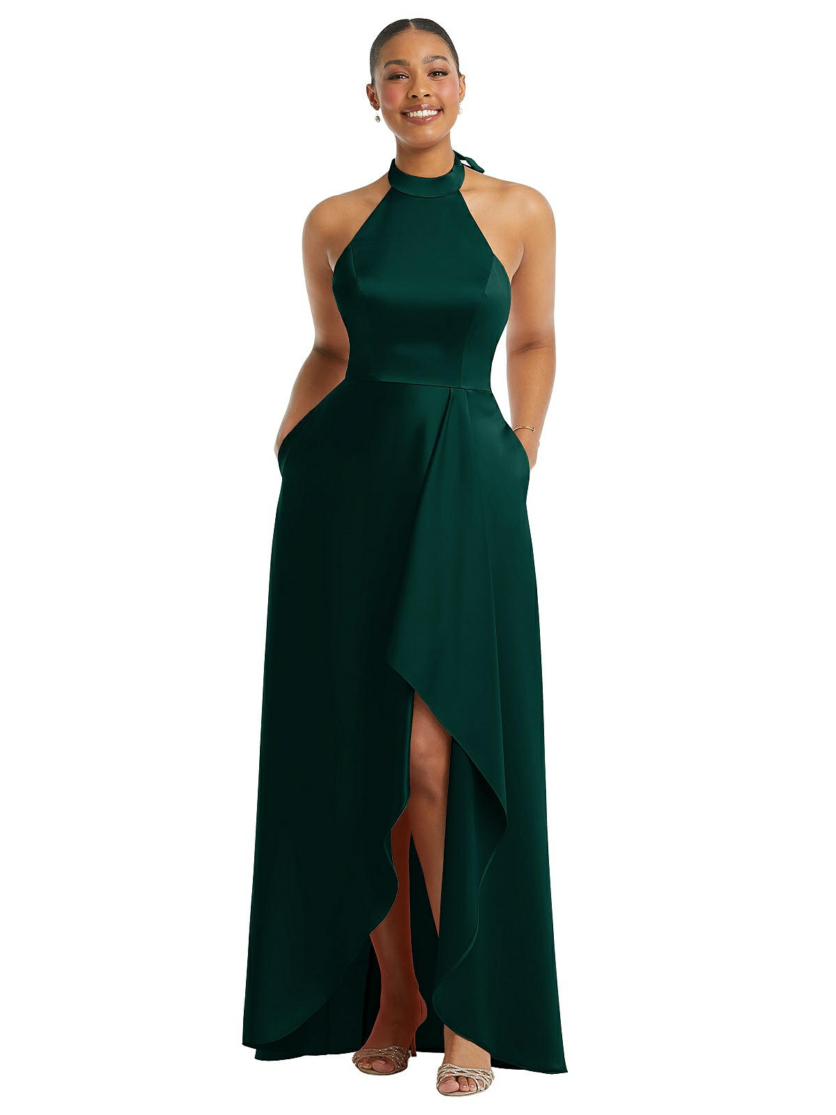 High-neck Tie-back Halter Cascading High Low Maxi Bridesmaid Dress In Evergreen | The Dessy Group High-neck Tie-back Halter Cascading High Low Maxi Bridesmaid Dress In Evergreen | The Dessy Group