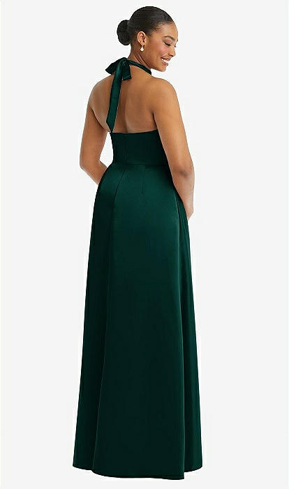 High-Neck Tie-Back Halter Cascading High Low Maxi Dress