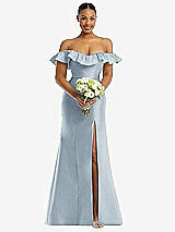 Alt View 2 Thumbnail - Mist Off-the-Shoulder Ruffle Neck Satin Trumpet Gown