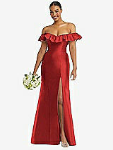 Alt View 1 Thumbnail - Poppy Red Off-the-Shoulder Ruffle Neck Satin Trumpet Gown