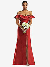 Alt View 2 Thumbnail - Poppy Red Off-the-Shoulder Ruffle Neck Satin Trumpet Gown