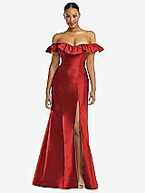 Alt View 3 Thumbnail - Poppy Red Off-the-Shoulder Ruffle Neck Satin Trumpet Gown
