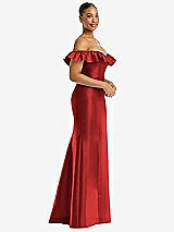 Alt View 4 Thumbnail - Poppy Red Off-the-Shoulder Ruffle Neck Satin Trumpet Gown