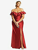 Front View Thumbnail - Poppy Red Off-the-Shoulder Ruffle Neck Satin Trumpet Gown