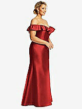 Side View Thumbnail - Poppy Red Off-the-Shoulder Ruffle Neck Satin Trumpet Gown