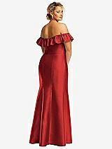 Rear View Thumbnail - Poppy Red Off-the-Shoulder Ruffle Neck Satin Trumpet Gown