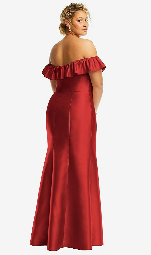 Back View - Poppy Red Off-the-Shoulder Ruffle Neck Satin Trumpet Gown