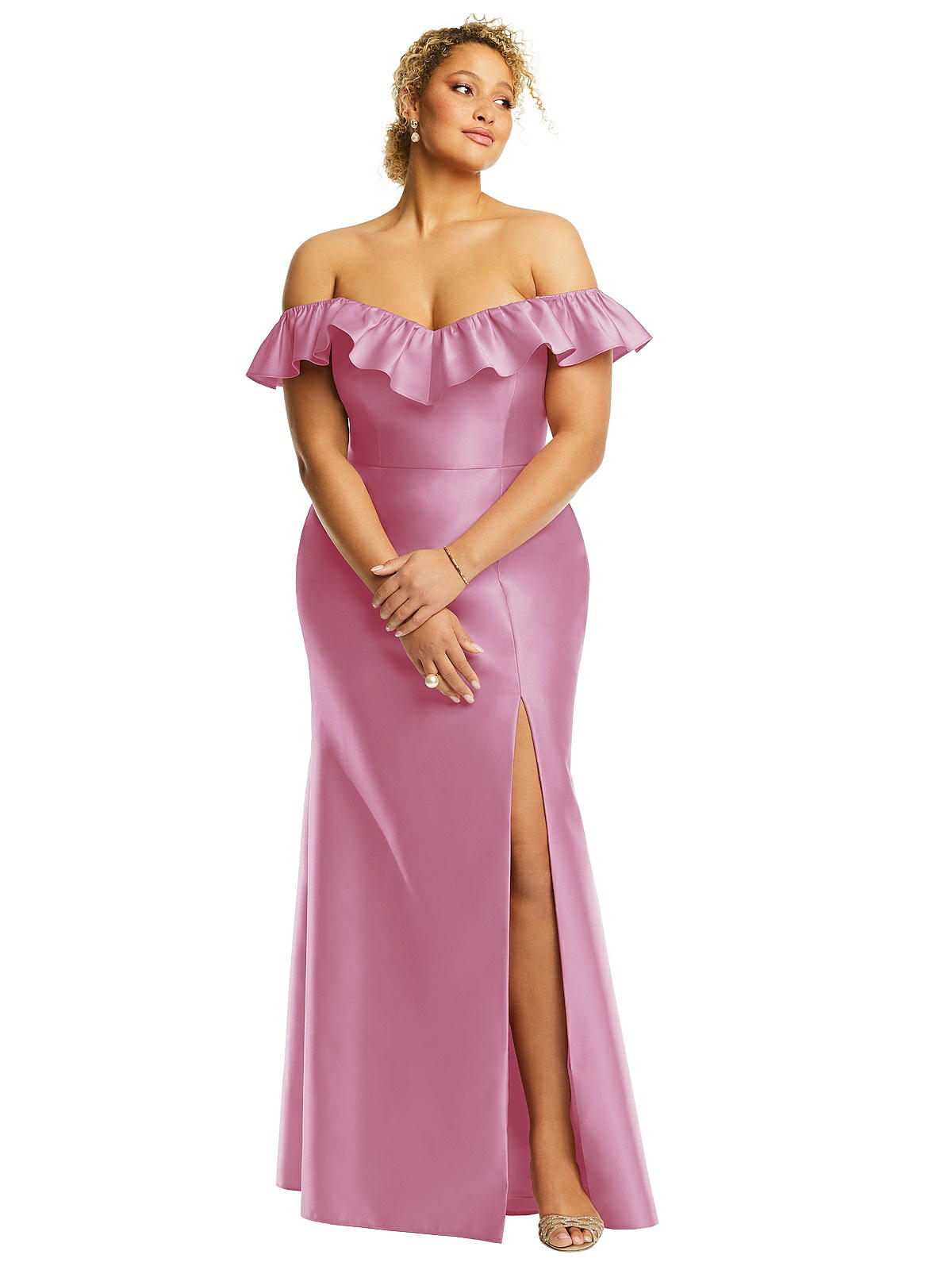 Off-the-shoulder Ruffle Neck Satin Trumpet Bridesmaid Dress In Powder Pink | The Dessy Group Off-the-shoulder Ruffle Neck Satin Trumpet Bridesmaid Dress In Powder Pink | The Dessy Group