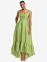 Front View Thumbnail - Mojito Cap Sleeve Deep Ruffle Hem Satin High Low Dress with Pockets