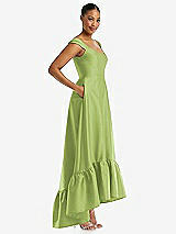 Side View Thumbnail - Mojito Cap Sleeve Deep Ruffle Hem Satin High Low Dress with Pockets