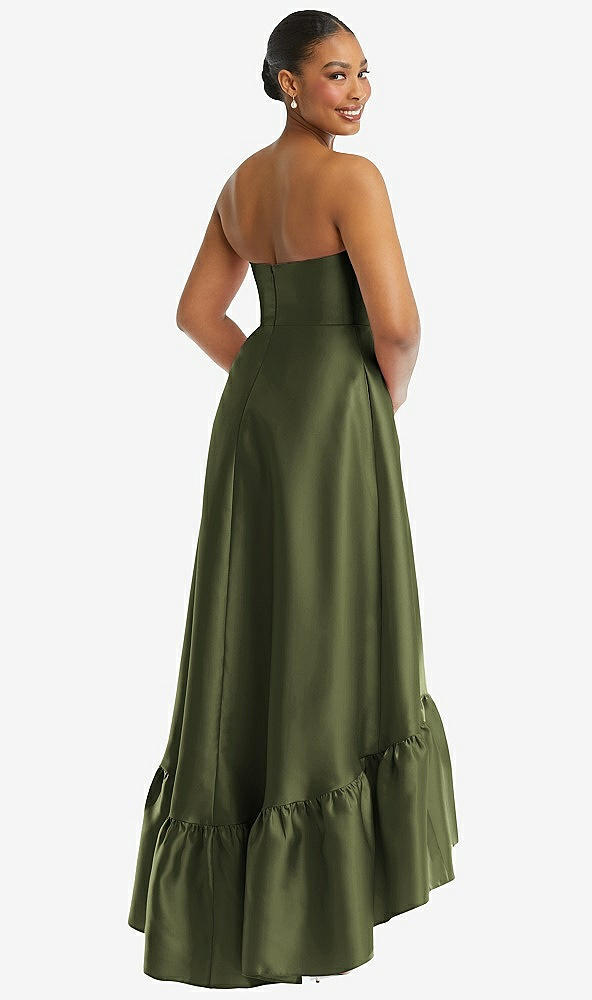 Back View - Olive Green Strapless Deep Ruffle Hem Satin High Low Dress with Pockets