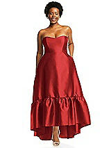 Alt View 1 Thumbnail - Poppy Red Strapless Deep Ruffle Hem Satin High Low Dress with Pockets