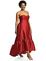 Alt View 2 Thumbnail - Poppy Red Strapless Deep Ruffle Hem Satin High Low Dress with Pockets