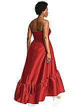 Alt View 3 Thumbnail - Poppy Red Strapless Deep Ruffle Hem Satin High Low Dress with Pockets