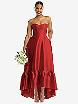 Front View Thumbnail - Poppy Red Strapless Deep Ruffle Hem Satin High Low Dress with Pockets